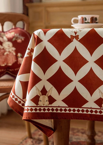 Holiday Red Tablecloth for Dining Table, Rabbit Pattern Table Cover for Dining Room Table, Modern Rectangle Tablecloth for Oval Table-Grace Painting Crafts