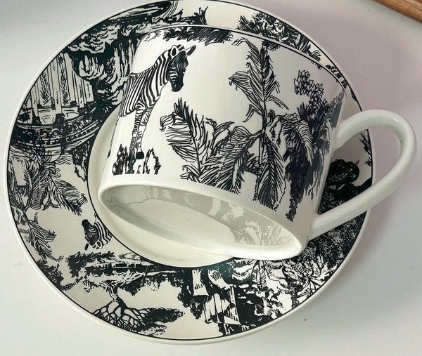 Royal Ceramic Cups, Elegant Ceramic Coffee Cups, 6.8 oz Tea Cup and Saucer in Gift Box, Zebra Jungle Porcelain Tea Cup Saucer Set-Grace Painting Crafts