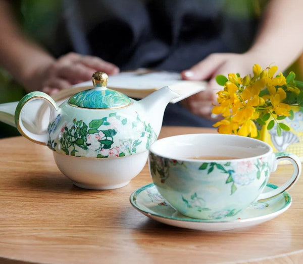 Vintage Style Stackable Tea Pot Set, English Style Tea Pot and Cup Set, Ceramic Tea Pot with Integrated Cup, Mother-and-Baby Teapot with Matching Saucer-Grace Painting Crafts