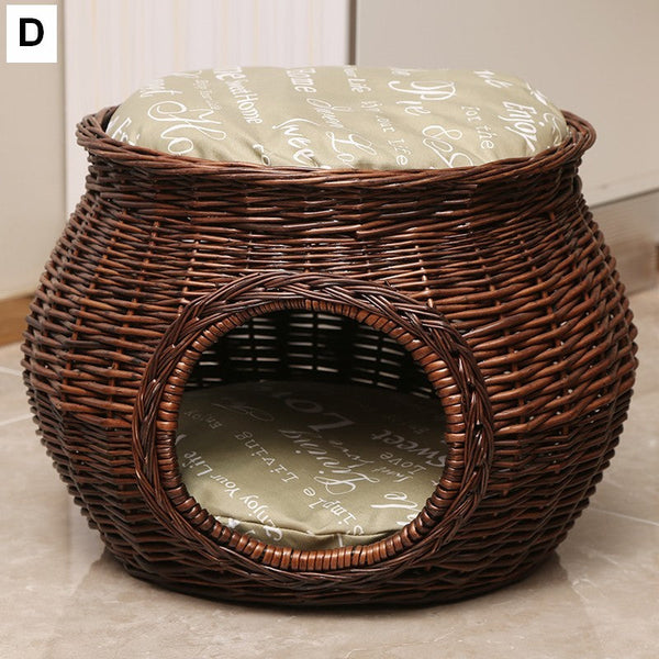 Wicker Cat House Basket with Washable Cushion for Indoor Cats and Dogs, Rattan Cat Bed-Grace Painting Crafts