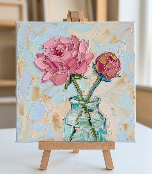 Still Life Painting, Blooming Chinese Rose Flower in Glass Vase, Impasto Heavy Texutre Art, Small Canvas Artwork, Original Flower Paintings, Hand Painted Canvas Art-Grace Painting Crafts