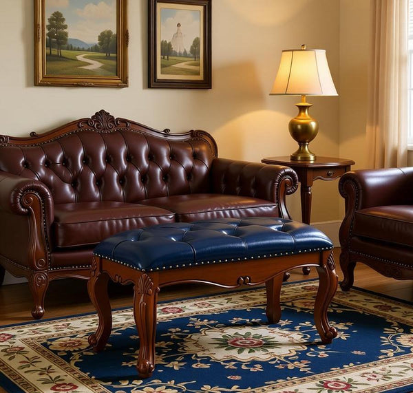 Vintage Blue Leather Stool, Genuine Leather Solid Wood Entry Bench, Rubber Wood Footstool, Farmhouse Entryway Bench, Leather Lounge Chair Modern, Dressing Table Stool-Grace Painting Crafts