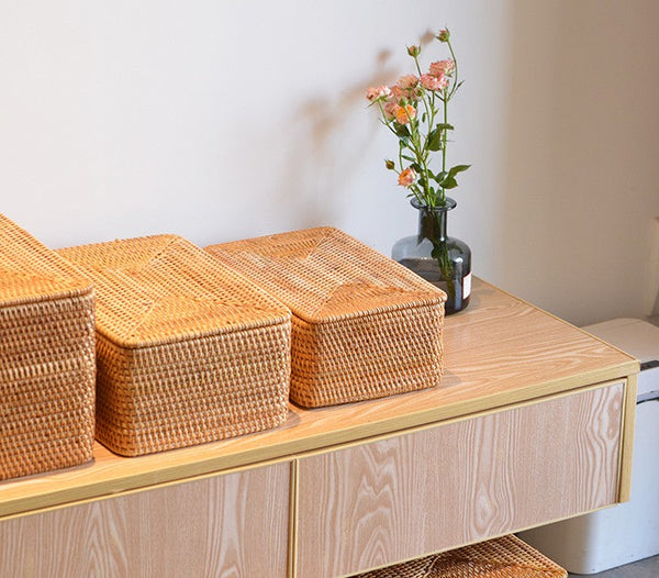 Woven Storage Baskets, Rectangular Storage Basket with Lid, Large Storage Basket for Clothes, Storage Baskets for Shelves, Kitchen Storage Baskets-Grace Painting Crafts