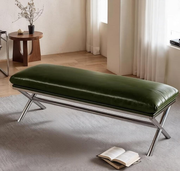 Luxury Genuine Leather Entry Bench, Upholstered Shoe Bench, Contemporay Bedroom Bench, Narrow Entryway Bench, Modern Shoe Changing Ottoman, Mid-Century Hall Bench-Grace Painting Crafts