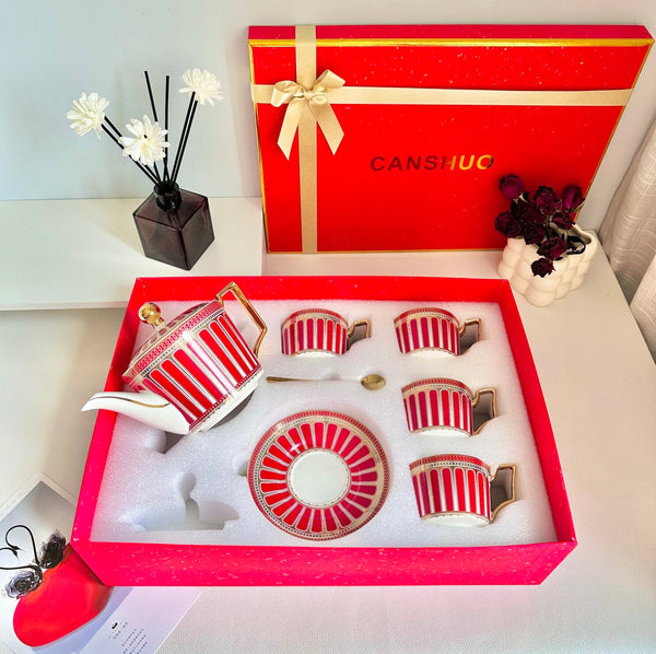 Modern Ceramic Coffee Cups, Red Tea Cup and Saucer Set with Teapot in Gift Box, Porcelain Tea Cup and Saucer Set
