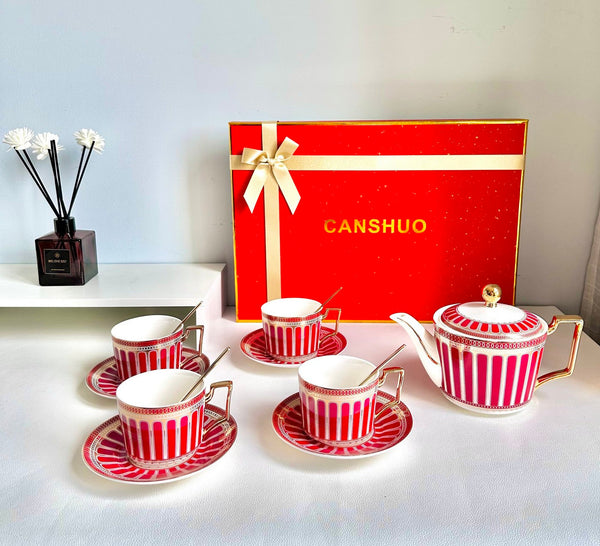 Beautiful Porcelain Tea Cup and Saucer Set, Red Tea Cup and Saucer Set with Teapot in Gift Box, Modern Ceramic Coffee Cups
