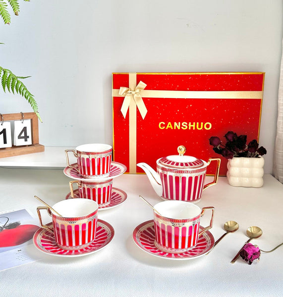 Beautiful Porcelain Tea Cup and Saucer Set, Red Tea Cup and Saucer Set with Teapot in Gift Box, Modern Ceramic Coffee Cups