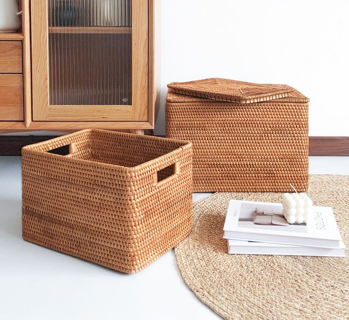 Extra Large Handmade Rectangular Basket With Lip, Rattan Storage Basket For Bedroom And Rustic Living Room