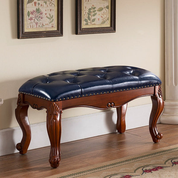 Vintage Blue Leather Stool, Genuine Leather Solid Wood Entry Bench, Rubber Wood Footstool, Farmhouse Entryway Bench, Leather Lounge Chair Modern, Dressing Table Stool-Grace Painting Crafts