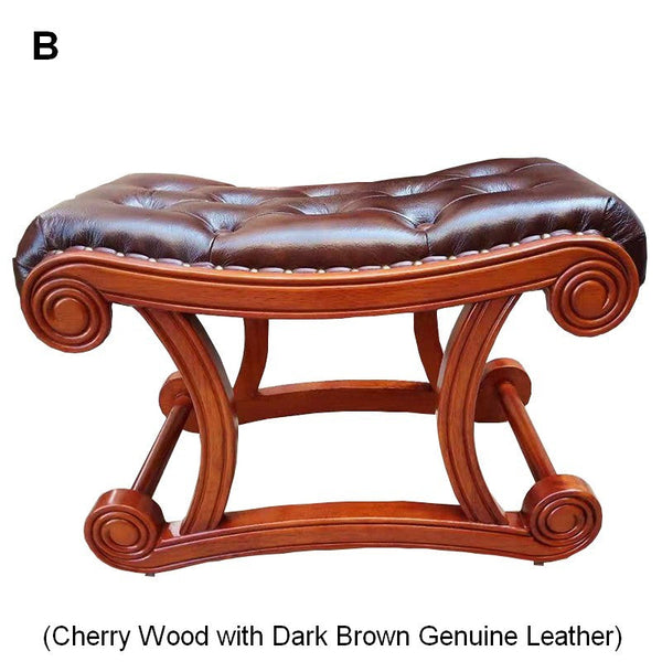 Cherry Wood Footstool, Vintage Leather Stool, Genuine Leather Solid Wood Entry Bench, Long Bench, Vanity Stool, Dressing Table Stool-Grace Painting Crafts