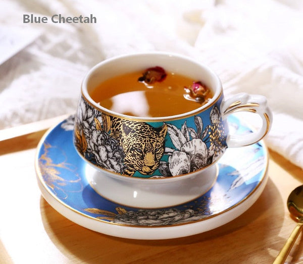 Creative Ceramic Tea Cup and Saucer, Jungle Tiger Cheetah Porcelain Coffee Cups, Unique Ceramic Cups with Gold Trim and Gift Box-Grace Painting Crafts