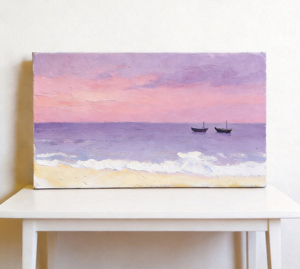 Original Seascape Paintings, Small Canvas Paintings, Sunset Paintings, Silence of the Twilight Sea, Hand Painted Canvas Wall Art-Grace Painting Crafts