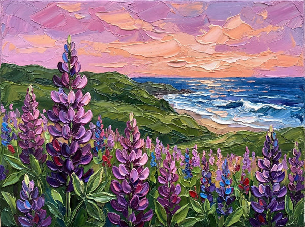 Simple Painting Ideas, Lupines in Bloom by the Sea, Landscape Canvas Paintings, Impasto Wall Art Paintings, Original Oil Paintings, Small Wall Art on Canvas-Grace Painting Crafts