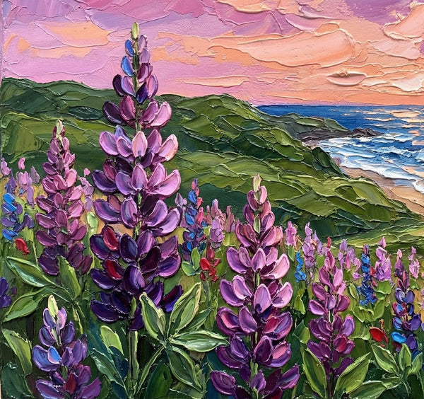 Simple Painting Ideas, Lupines in Bloom by the Sea, Landscape Canvas Paintings, Impasto Wall Art Paintings, Original Oil Paintings, Small Wall Art on Canvas-Grace Painting Crafts