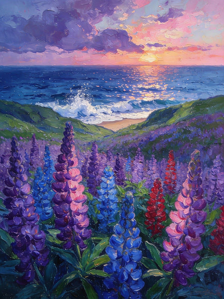 Lupines in Bloom by the Sea, Impasto Paintings, Original Small Paintings, Small Oil Paintings, Small Wall Paintings, Landscape Artwork Canvas Paintings-Grace Painting Crafts