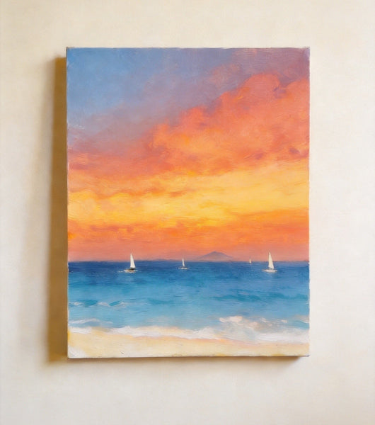 Hand Painted Canvas Artwork, Original Oil Paintings, Sunset Sail on the Horizon, Original Seascape Paintings, Buy Small Paintings Online-Grace Painting Crafts