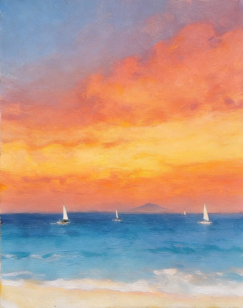 Hand Painted Canvas Artwork, Original Oil Paintings, Sunset Sail on the Horizon, Original Seascape Paintings, Buy Small Paintings Online-Grace Painting Crafts