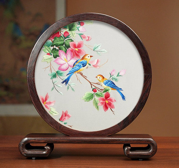 Silk Embroidered Ornament, Traditional Chinese Suzhou Flower and Birds Embroidery Ornaments, Exclusive Business Presents, Creative Birthday Gift, Premium Souvenir-Grace Painting Crafts