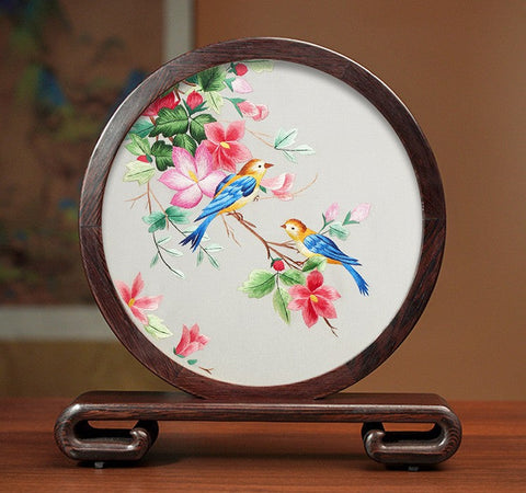 Silk Embroidered Ornament, Traditional Chinese Suzhou Flower and Birds Embroidery Ornaments, Exclusive Business Presents, Creative Birthday Gift, Premium Souvenir-Grace Painting Crafts