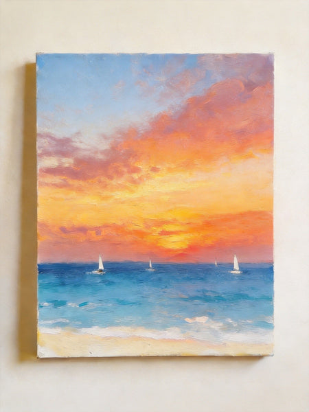 Original Oil Paintings, Sunset Sail on the Horizon, Original Seascape Paintings, Hand Painted Canvas Artwork, Buy Small Paintings Online-Grace Painting Crafts