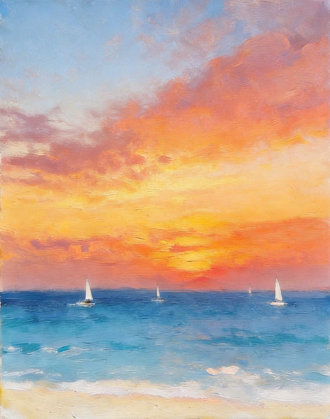 Original Oil Paintings, Sunset Sail on the Horizon, Original Seascape Paintings, Hand Painted Canvas Artwork, Buy Small Paintings Online-Grace Painting Crafts