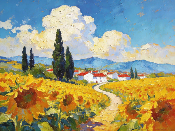 Small Wall Paintings, A Provençal Village Amidst Sunflower Fields, Small Oil Paintings on Canvas, Hand Painted Canvas Art, Heavy Texture Oil Paintings, Original Artwork Small Paintings-Grace Painting Crafts