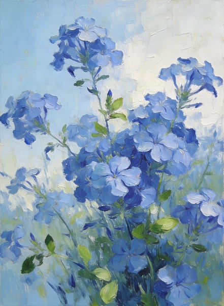 Small Canvas Wall Art Paintings, Blue Plumbago in Full Flower, Original Flower Paintings, Original Oil Paintings, Hand Painted Canvas Art-Grace Painting Crafts