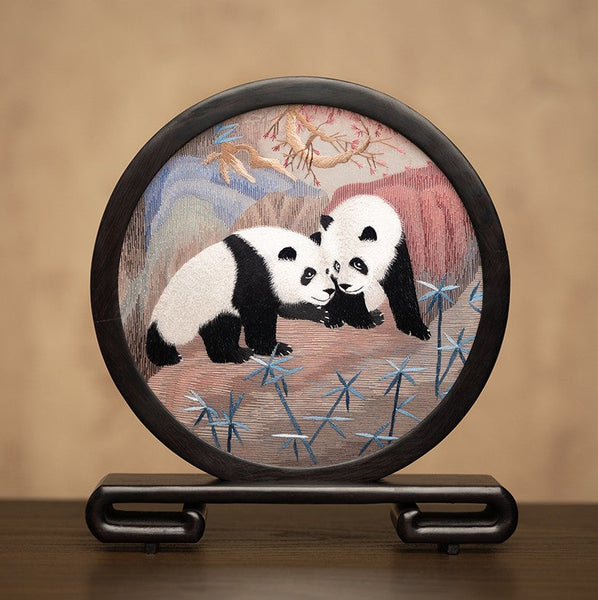 Unique Birthday Gift, Exclusive Business Present Panda Embroidered Decor, Traditional Chinese Suzhou Embroidery Ornament, Premium Souvenir-Grace Painting Crafts