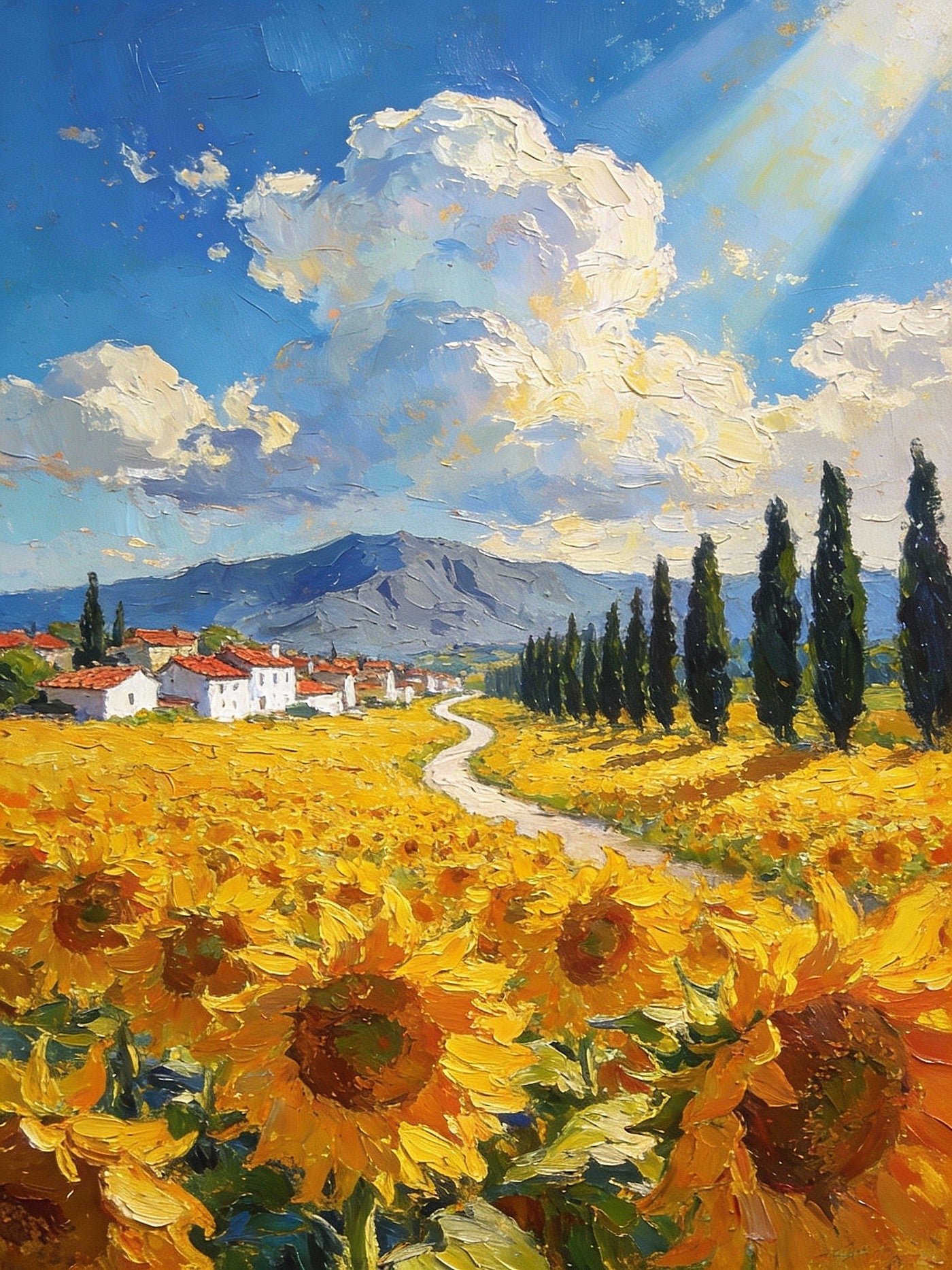 Sunflower Fields In Full Bloom Provence Landscape, Original Hand Painted Small Acrylic Canvas Art
