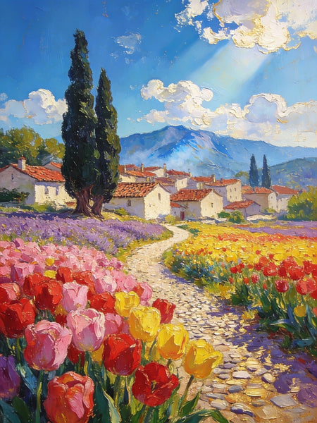 On Canvas Small Paintings, The Countryside Adorned with Blooming Tulips, Hand Painted Canvas Art, Original Artwork Small Paintings on Wall, Landscape Oil Paintings-Grace Painting Crafts