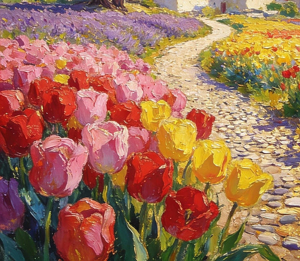 On Canvas Small Paintings, The Countryside Adorned with Blooming Tulips, Hand Painted Canvas Art, Original Artwork Small Paintings on Wall, Landscape Oil Paintings-Grace Painting Crafts