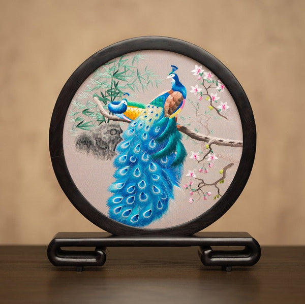 Traditional Chinese Suzhou Embroidery Ornament, Exclusive Business Present Peacock Embroidered Decor, Premium Souvenir, Unique Birthday Gift-Grace Painting Crafts