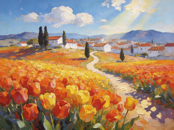 Original Oil Paintings, Village Amidst the Tulip Fields, Small Oil Paintings on Canvas, Small Canvas Paintings, Hand Painted Canvas Art, Simple Painting Ideas, Small Landscape Paintings-Grace Painting Crafts