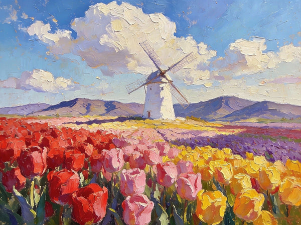 Windmills Amidst the Blooming Tulip Fields, Small Landscape Paintings, Small Oil Paintings on Canvas, Small Canvas Paintings, Original Oil Paintings, Hand Painted Canvas Art, Simple Painting Ideas-Grace Painting Crafts