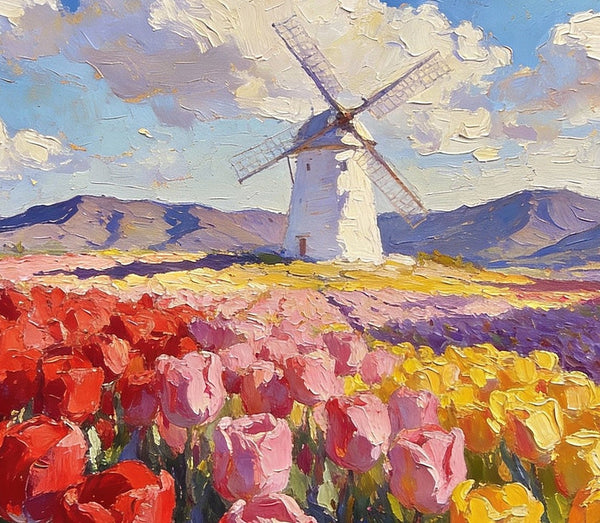 Windmills Amidst the Blooming Tulip Fields, Small Landscape Paintings, Small Oil Paintings on Canvas, Small Canvas Paintings, Original Oil Paintings, Hand Painted Canvas Art, Simple Painting Ideas-Grace Painting Crafts