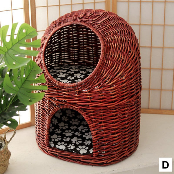 Large Double-Layer Cat Bed, Wicker Cat House Basket with Washable Cushion for Indoor Cats and Dogs-Grace Painting Crafts