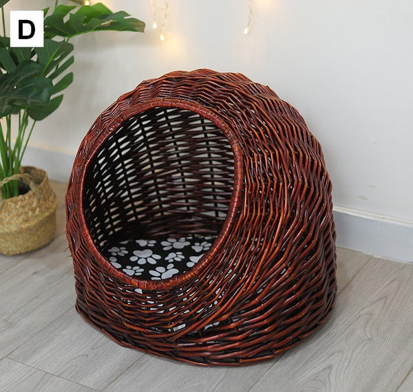 Natural Wicker Cat House Basket with Washable Cushion for Indoor Cats and Dogs, Rattan Cat Bed-Grace Painting Crafts