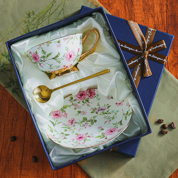Floral Porcelain Tea Cup and Saucer Set, Ceramic Coffee Cup with Saucer, Traditional English Tea Cup and Saucer Set, Afternoon British Tea Cup with Saucer-Grace Painting Crafts