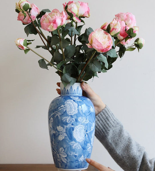 Large Flower Vases on Dining Table, Blue Porcelain Flower Vases, Centerpiece Ceramic Bouquet Vases, Handmade Modern Flower Vase-Grace Painting Crafts