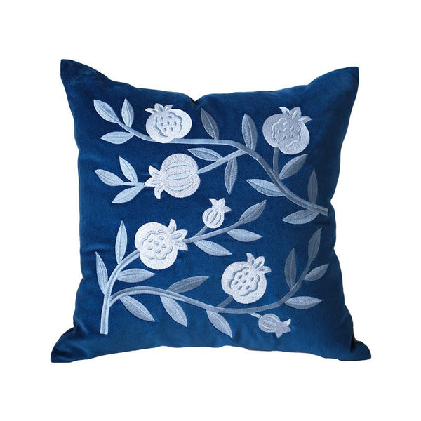 Large Decorative Pillows for Couch, Living Room Decorative Pillows, Blue Embroidered Pomegranate Cushion, Modern Throw Pillows for Bedroom, Decorative Pillow Arrangement Ideas for Couch-Grace Painting Crafts