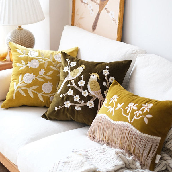 Embroidered birds cushion, Decorative Pillows for Couch, Vintage Decorative Pillows, Modern Throw Pillows for Bedroom, Decorative Pillow Arrangement Ideas for Couch-Grace Painting Crafts