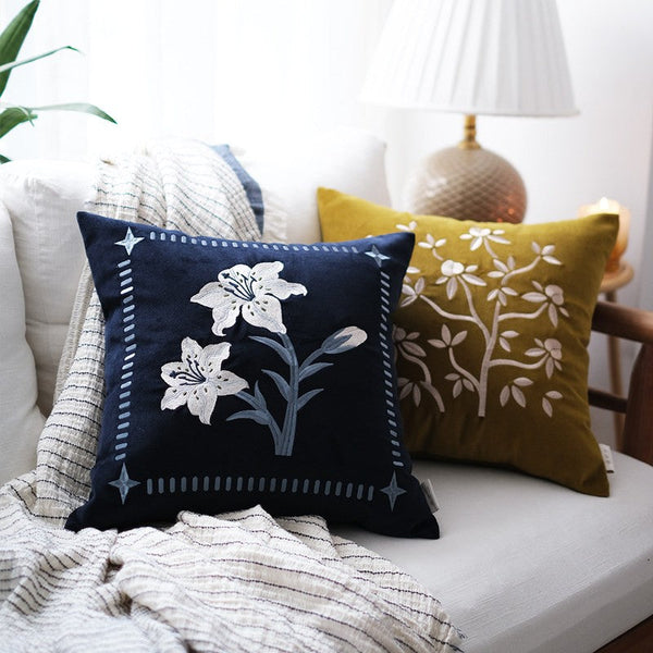 Dark Blue Lily Embroidered Cushion, Living Room Decorative Pillows, Decorative Pillow Arrangement Ideas for Couch, Large Decorative Pillows for Couch, Modern Throw Pillows for Bedroom-Grace Painting Crafts