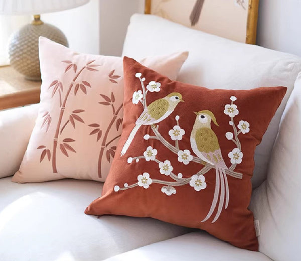 Modern Throw Pillows for Bedroom, Decorative Pillows for Couch, Vintage Decorative Pillows, Embroidered Birds Cushion, Decorative Pillow Arrangement Ideas for Couch-Grace Painting Crafts