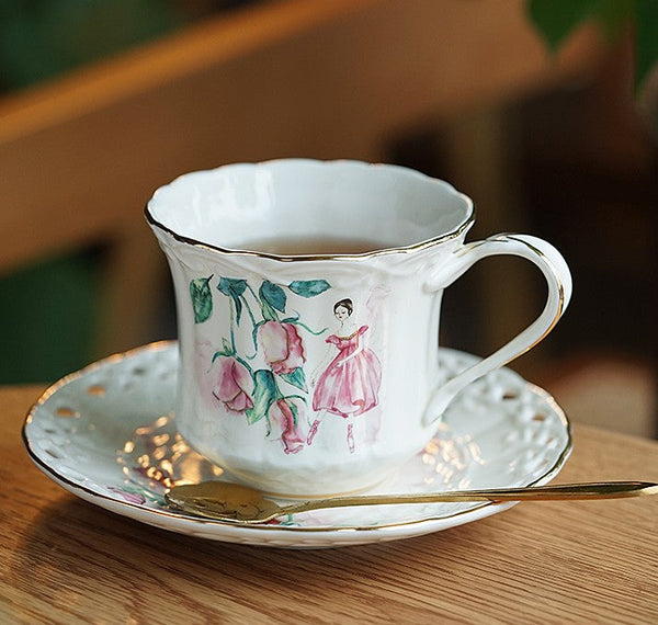 Elegant British Tea Cups, Beautiful Porcelain Tea Cup Saucer Set, Traditional English Tea Cup and Saucer, Unique Ceramic Coffee Cups-Grace Painting Crafts