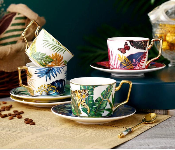Elegant Porcelain Coffee Cups, Coffee Cups with Gold Trim and Gift Box, 7.4 oz Tea Cup and Saucer, Jungle Animal Porcelain Coffee Cups-Grace Painting Crafts