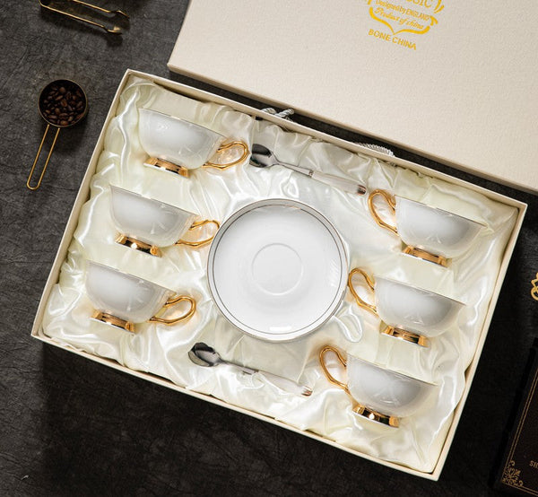 Porcelain Tea Cup Saucer Set, White Ceramic Cups, 7.8 oz British Ceramic Coffee Cups, Unique Tea Cup and Saucer in Gift Box-Grace Painting Crafts