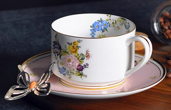 Beautiful Flower British Tea Cups, Creative Bone China Porcelain Tea Cup Set, Elegant Flower Ceramic Cups, Unique Royal Coffee Cup and Saucer-Grace Painting Crafts