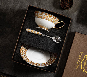 Handmade Elegant British Ceramic Coffee Cups, Unique Tea Cup and Saucer in Gift Box, Bone China Porcelain Tea Cup Set for Office, Yellow Ceramic Cups-Grace Painting Crafts