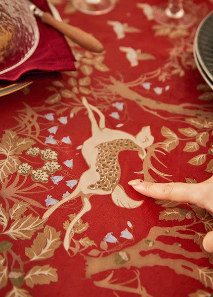 Long Modern Rectangular Tablecloth for Dining Room Table, Forest Deer Red Table Covers, Square Tablecloth for Kitchen, Extra Large Tablecloth for Round Table-Grace Painting Crafts