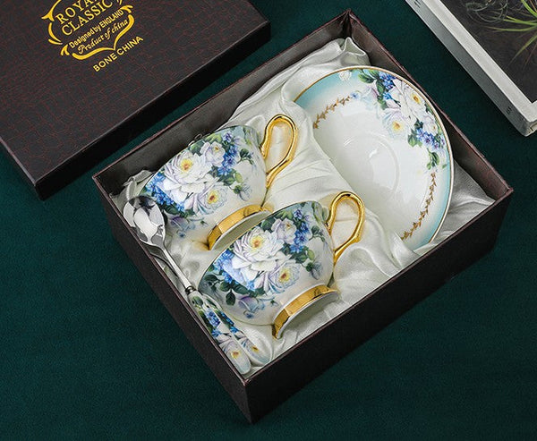Elegant British Ceramic Coffee Cups, Unique Tea Cup and Saucer in Gift Box, Royal Bone China Porcelain Tea Cup Set, Rose Flower Pattern Ceramic Cups-Grace Painting Crafts